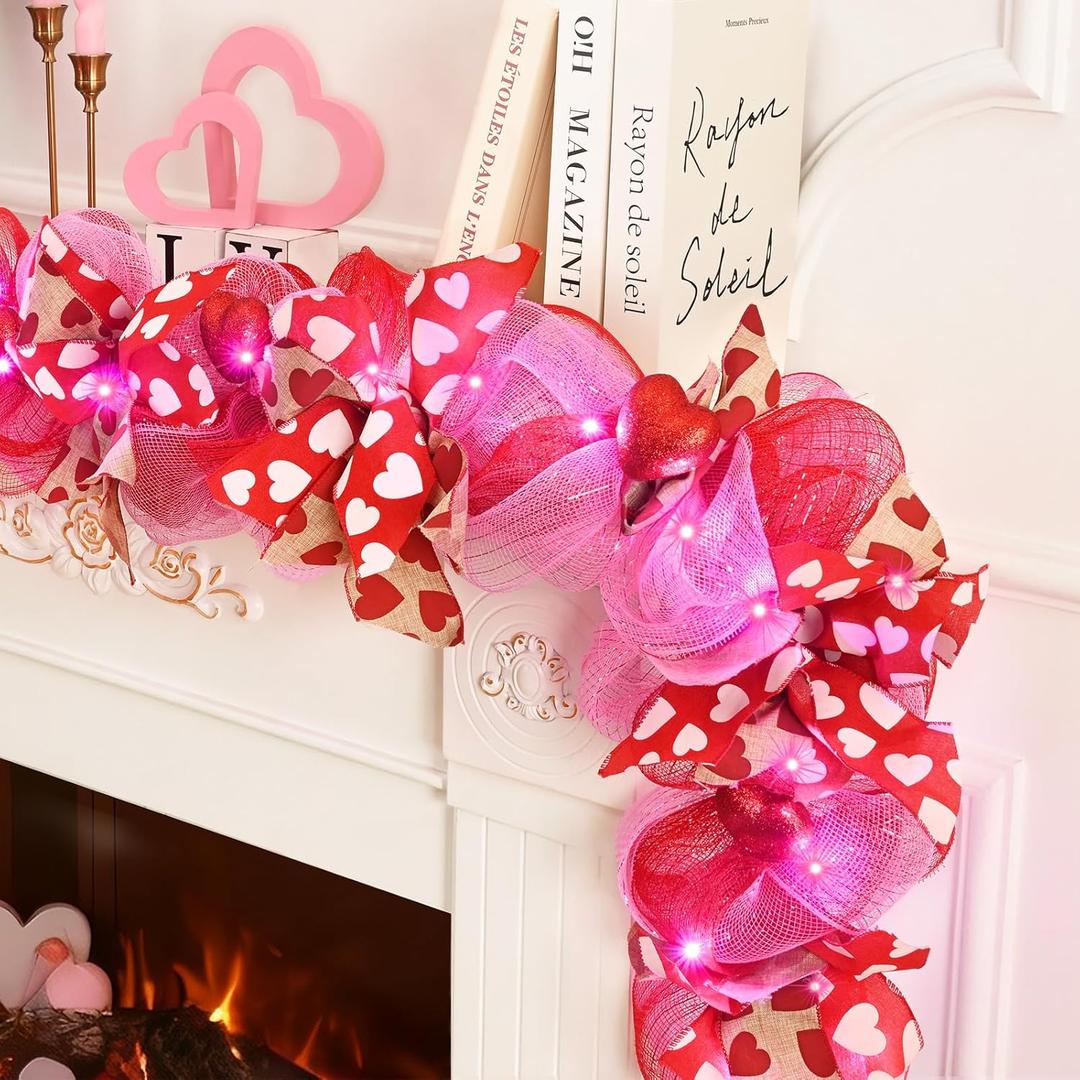 Waipfaru 6 FT Valentines Day Garland with Lights, Valentines Day Decorations, Lighted Valentine's Day Garland for Mantle Pink and Red Artificial Garlands Fireplace Home Table Centerpiece Indoor Decor