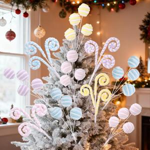 JOICEE 8 Pcs Pastel Christmas Tree Picks, Marcon Lollipop Candy Ball Woolen Curly Picks Ornaments Xmas Tree Topper Branches for Holiday Home Decorations