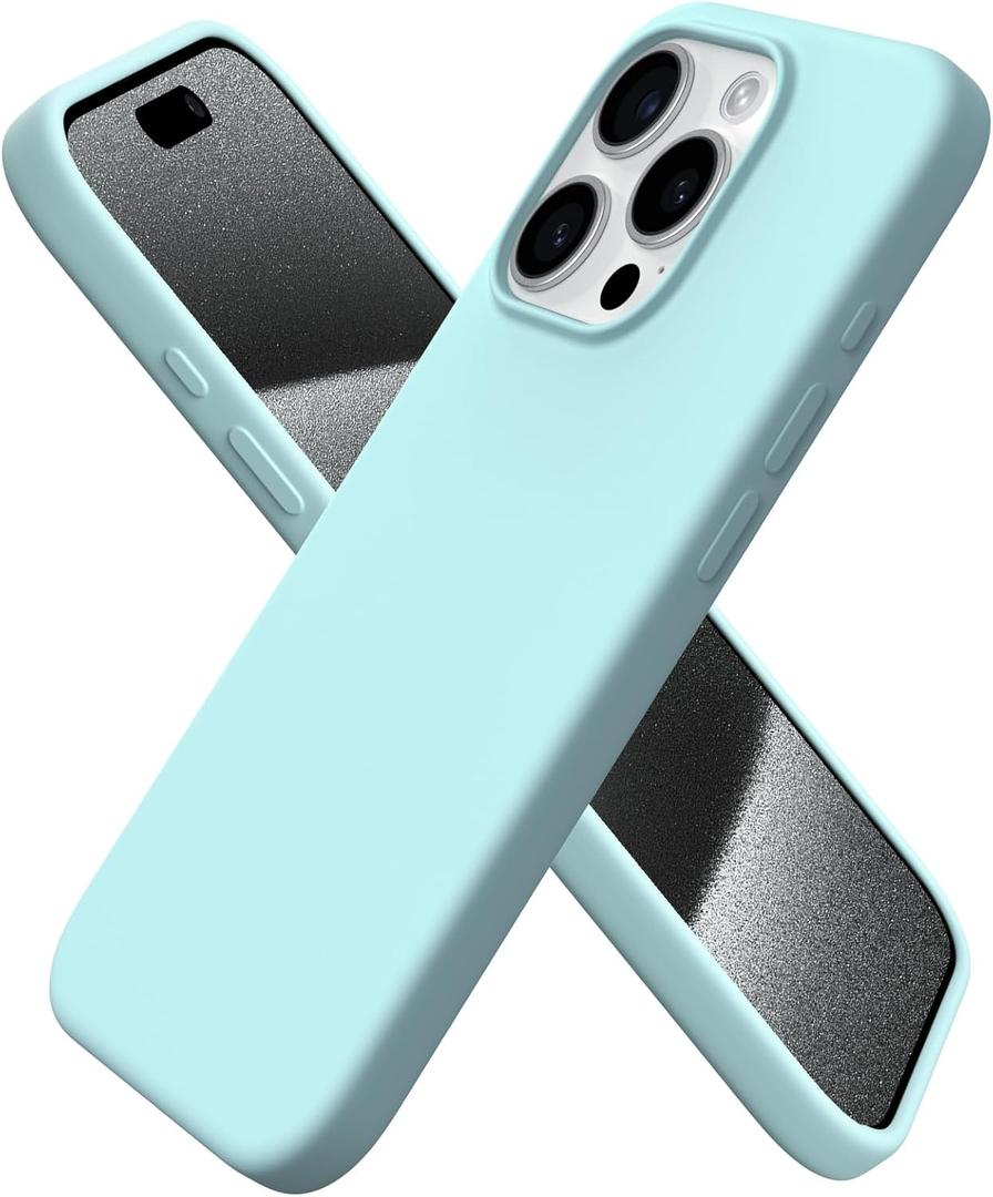 ORNARTO Compatible with iPhone 15 Pro Case 6.1", Liquid Silicone 3 Layers Full Covered Soft Gel Rubber Cover, Shockproof Protective Slim Phone Case with Anti-Scratch Microfiber Lining-Aqua Blue