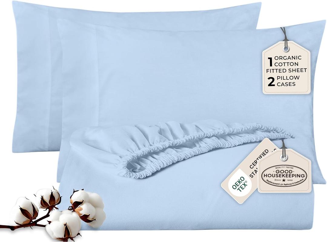 Royale Linens Fitted Sheet With Pillowcases - King Fitted Sheets With 2 Pillowcases - 300 Thread Count 100% Organic Cotton - Fit Mattress Up to 18" Deep - Soft & Breathable - Lake Blue (No Flat Sheet)