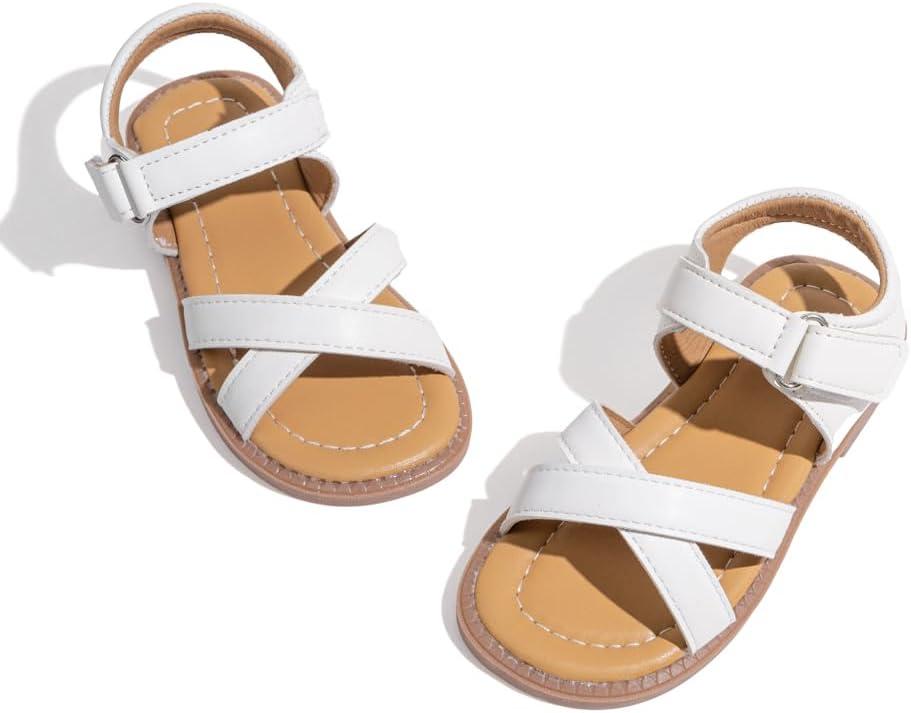 Toddler Girls Sandals Slip-On Open Toe Sandals Little Kid Non-Slip Soft Rubber Sole Princess Flat Shoes (A02/White)