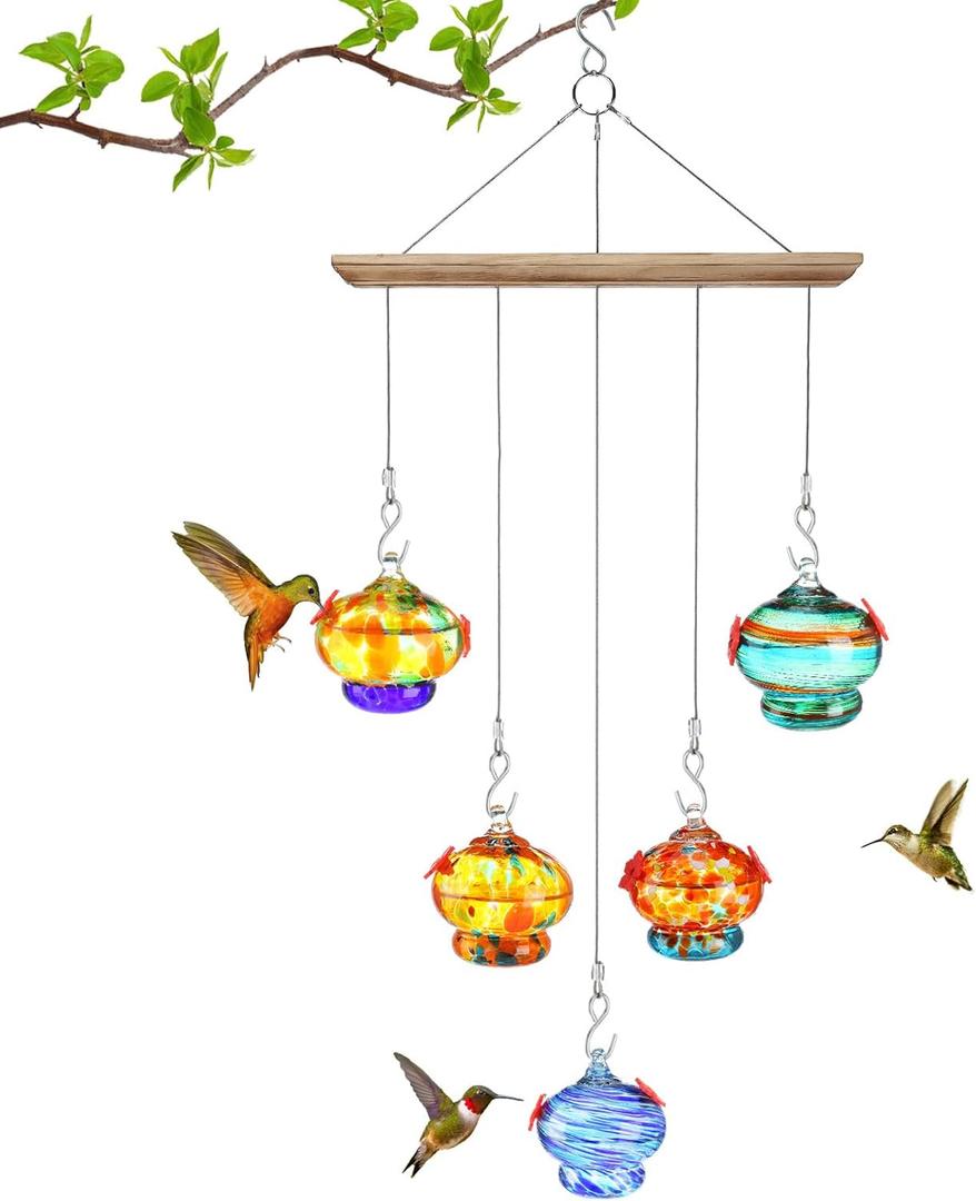 Hummingbird Feeder for Outdoors Hanging, Hand Blown Glass, with 2 Feeding Ports Up & Down- Wind Chimes Shaped Hummingbird Bird Feeders for Viewing, Ant and Bee Proof, Garden Decor Gifts