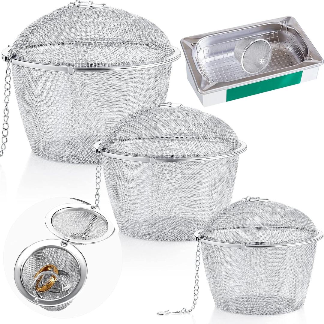 Honeydak 3 Jewelry Cleaner Baskets Jewelry Steam Cleaner Basket Stainless Steel Basket for Small Part and Cleaner Solution with Lock and Hook (1.7,2.5,4.3 Inch)