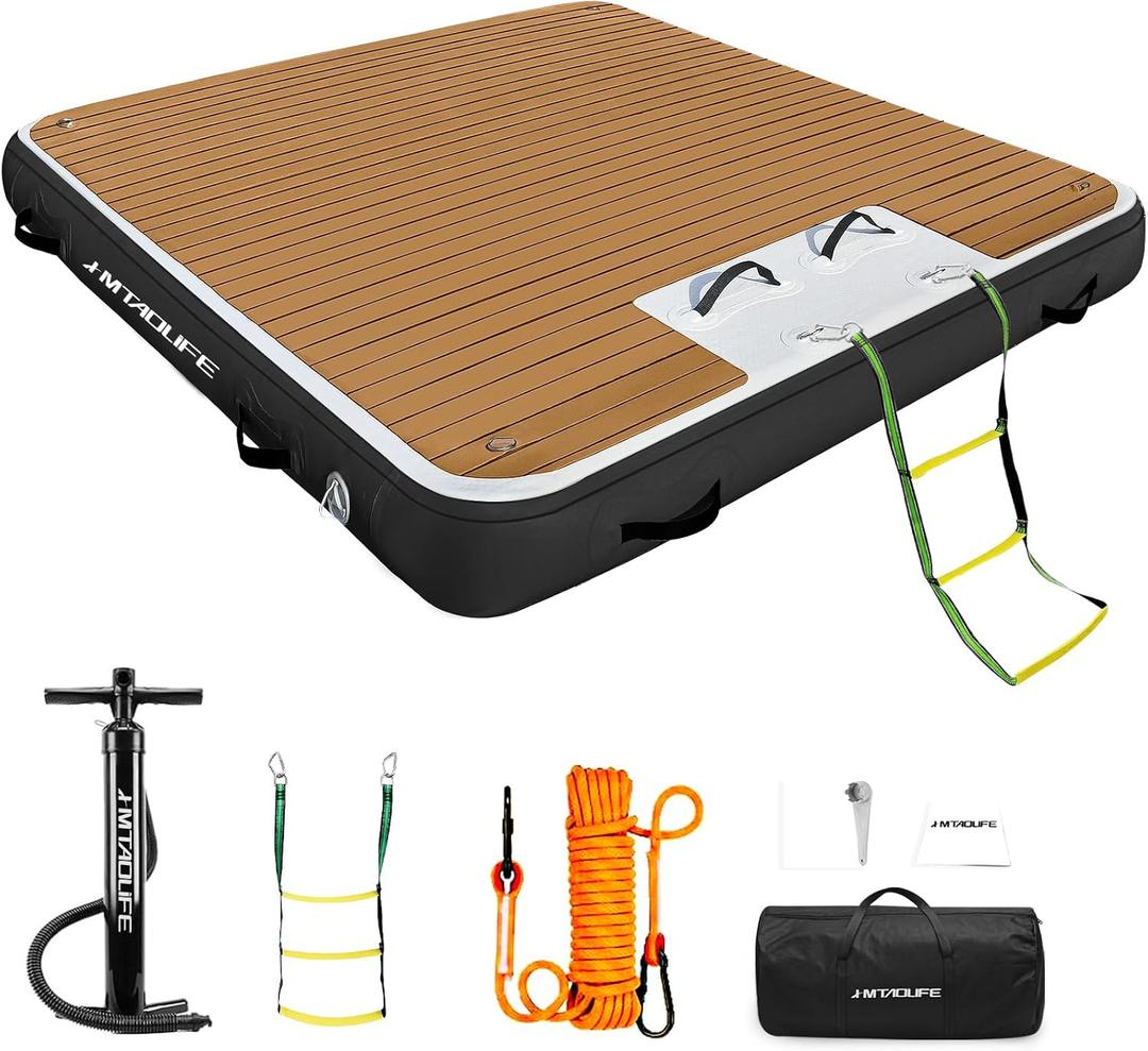 Inflatable Floating Dock with Wood Grain EVA, Non-Slip Water Floating Dock Swim Platform with Detachable Ladder Swim Deck Raft Water Platform for Lake Pool Ocean