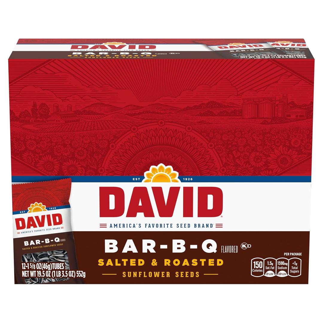 DAVID Sunflower Seeds, Bar-B-Q Flavor, Stocking Stuffer, 1.625 oz. (Pack of 12) (BB: November 30, 2025)