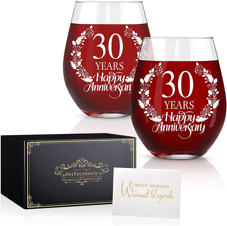 Perfectinsoy 30 Years Happy Anniversary Wine Glass Set of 2, 30th Anniversary Wedding Gift For Mom, Dad, Wife, Soulmate, Couple, Funny Vintage Unique Personalized, 30 Years Gifts