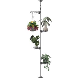 Hershii Indoor Plant Stand Pole Tension Rod Corner Standing Shelf Adjustable Flower Pots Holder Display Rack with 1 Hook & 3 Trays - Grey (Gray)