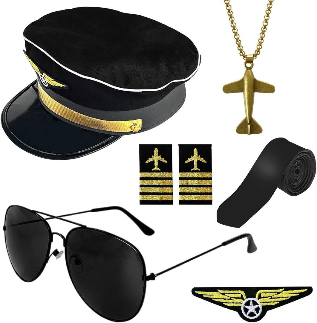 Qyyiguf 6 Pcs Airline Pilot Captain Costume Kit with Aviator Sunglasses,Pilot Costume Accessories Set for Aviation Halloween Dress Up (Black)
