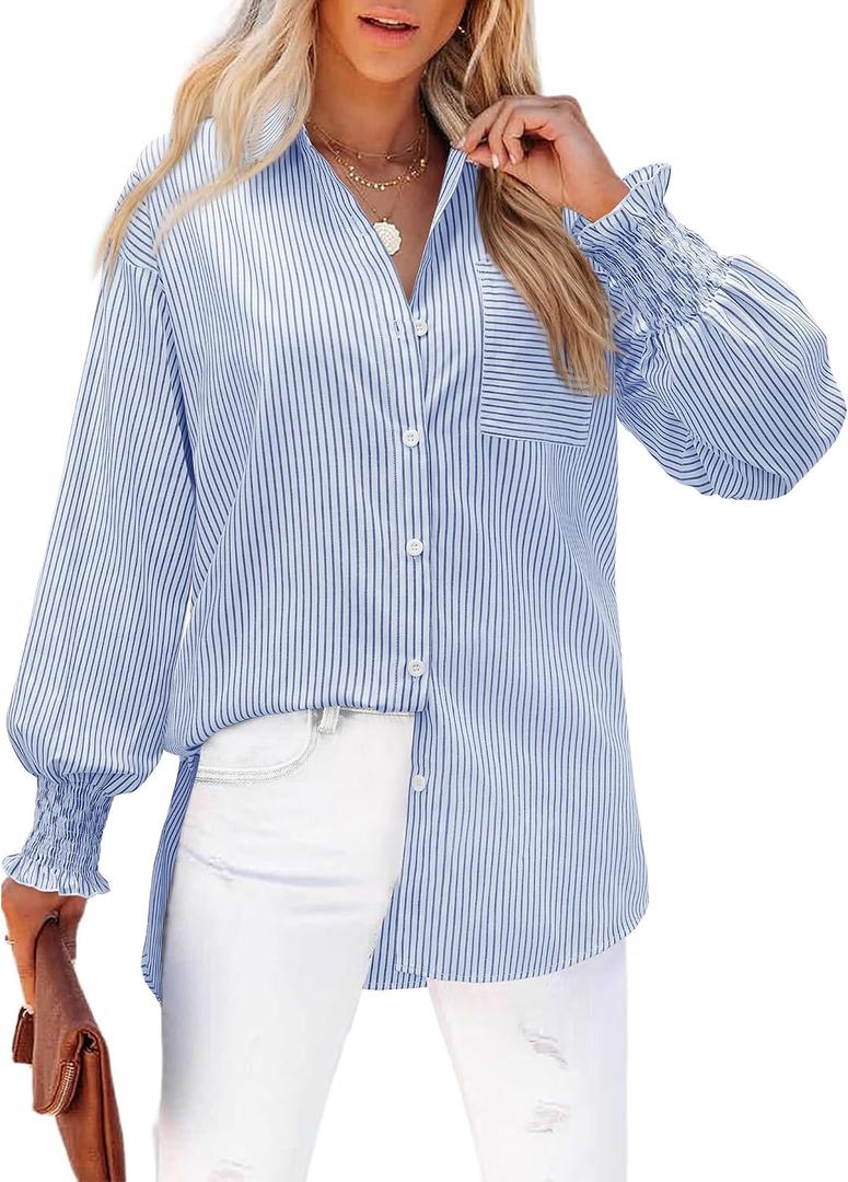 siliteelon Blue Striped Button Down Shirts for Women Long Sleeve Blouses Collared Smocked Cuff Boyfriend Plus Size Business Casual Tops with Pocket (White, L)