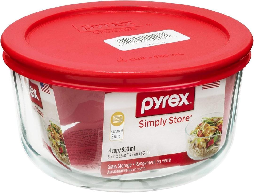 Pyrex Simply Store 2-Cup Single Glass Food Storage Container with Lid, Non-Pourous Glass Round Meal Prep Container with Lid, BPA-Free Lid, Dishwasher, Microwave, Oven and Freezer Safe (Red)