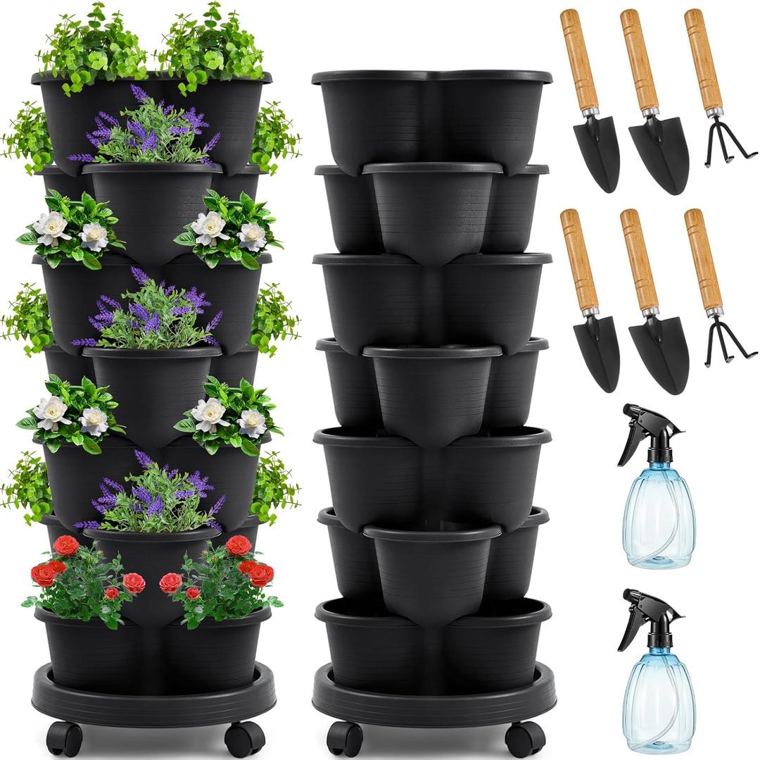 Umigy 2 Set of 7 Tier Stackable Vertical Planters with Removable Wheels and Tools Tower Planters Strawberry Herb Flower Vegetable Pots Indoor Outdoor Gardening Pots(Black)