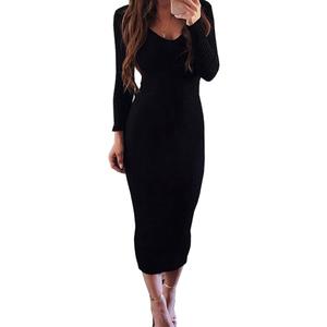 Women Sexy V Neck Long Sleeve Solid Bodycon Midi Dress M