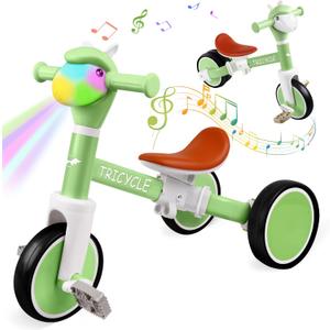 Toddler Balance Bike for Boys Girls, Tricycle for Toddlers 1-5 Year Olds, Toddler Tricycle with Light & Music Front, Kids Bicycle with Removable Pedal, Birthday Gifts for 1 2 3 4 5 Year (Green)