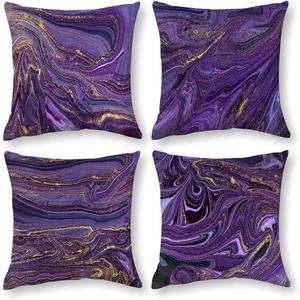Purple Gold Marble Pillow Covers Set of 4 Purple Decorative Throw Pillow Cases for Sofa Couch Bed Chair Living Room Decor Abstract Cushion Covers 18"x18"