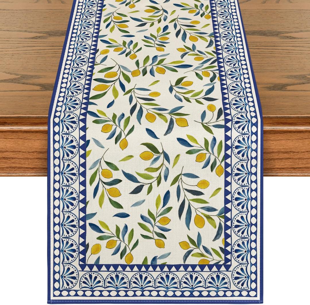 Artoid Mode Lemon Leaves 210 GSM Summer Table Runner, Seasonal Spring Kitchen Dining Table Decoration for Home Party Decor 13x72 Inch
