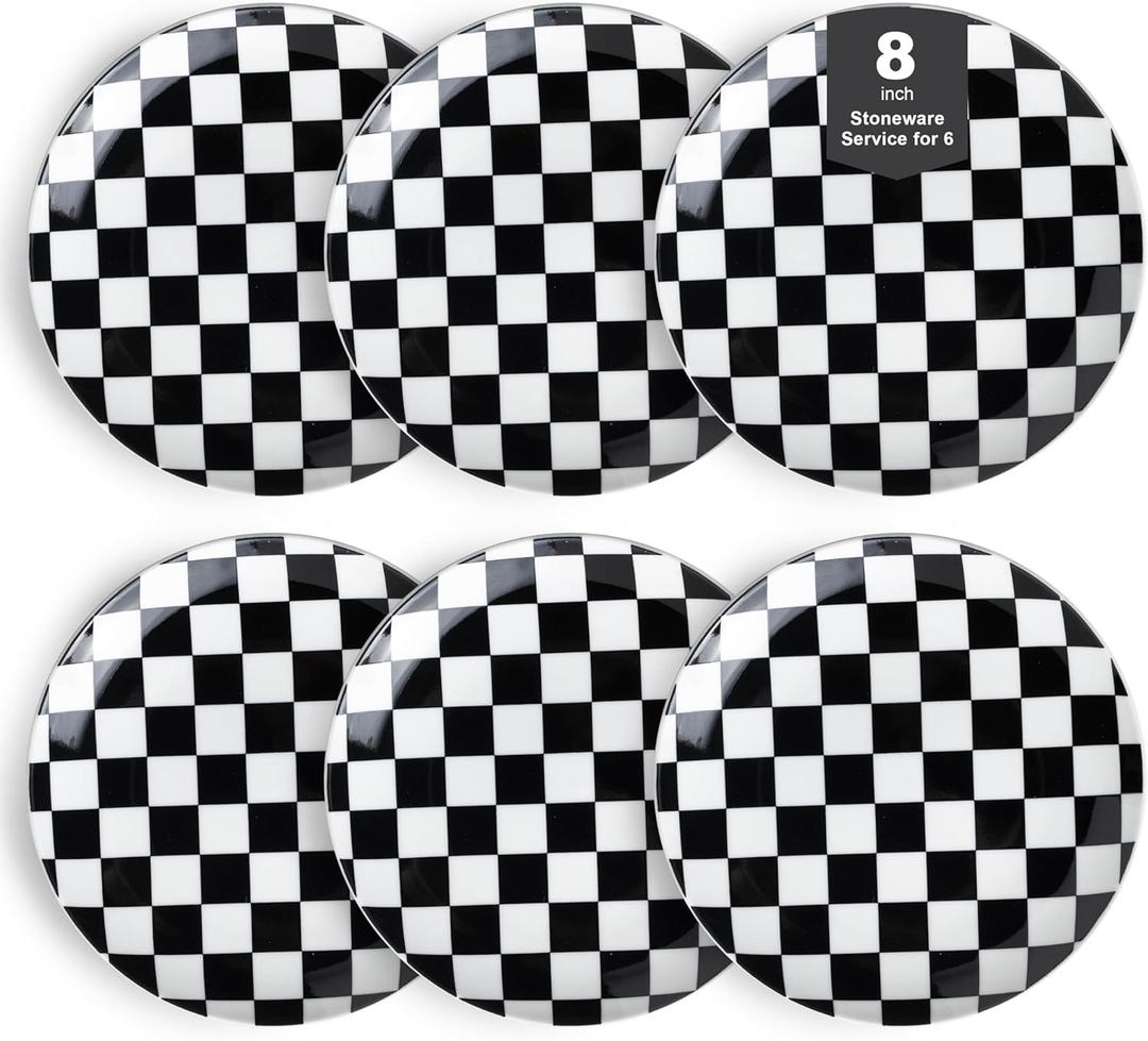 Ceramic Dinner Plates Set of 6-8 Inch Checkered Salad Plates, Microwave, Oven & Dishwasher Safe, Modern Minimalist Dessert Plates Geometric Black and White Plates for 6