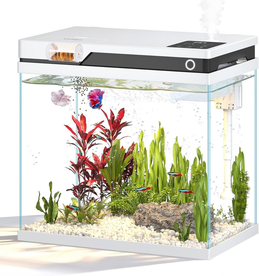 Vehipa Fish Tank, Smart Fish Aquarium Kit 7 Gallon with Auto Feeder, Humidifier, 4-in-1 Silent Pump, Adjustable Lighting & Temperature Display for Desktop, Office, Room