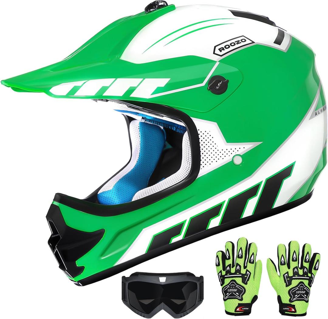 Youth Dirt Bike Helmet DOT Certified - Full Face Motorcycle Helmet for Off-Road, ATV, Street Riding, Includes Adjustable Goggles & Protective Gloves Medium