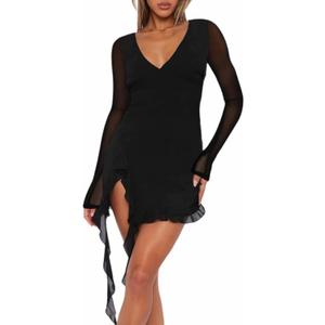 Doweha Women's Sexy Bell Long Sleeve Ruffle Slit Mini Mesh Dress Summer V Neck Backless Bodycon Short Party Cocktail Dress (Black), XL