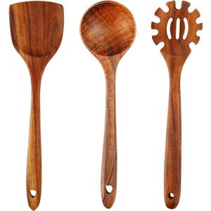 FJNATINH 3-Piece Teak Wooden Wok Spatula Set, Wooden Kitchen Utensil Set, 100% Natural Teak Wood Cooking Utensils