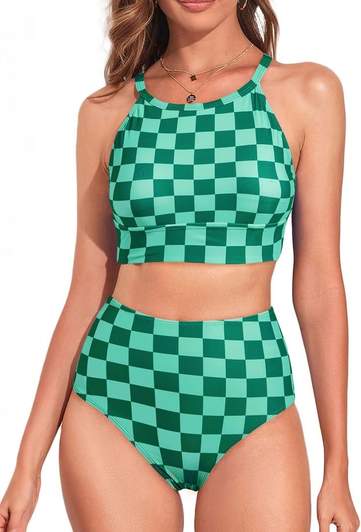 Herseas Women's Bikini Sets High Neck Tropical Leaf Print High Waisted Two Pieces Swimsuits Bathing Suits (Large, Green Checkerboard)
