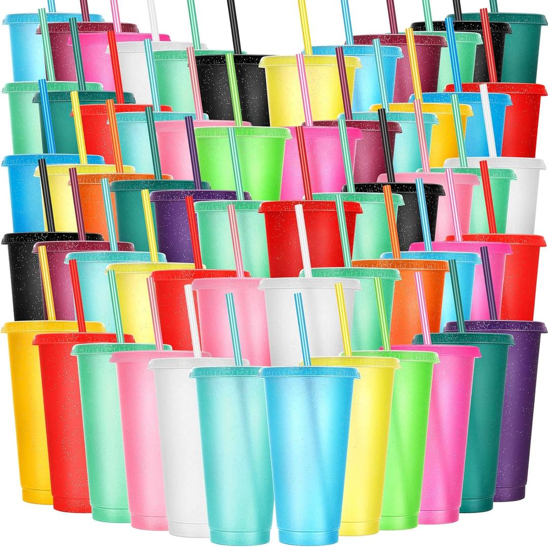 Honeydak 60 Pack Tumbler with Straw and Lid Bulk Cups for Gifts Glitter Plastic Coffee Cups 24-27 oz Reusable Water Bottle Iced Coffee Travel Mug Party Favors for Birthdays Travel (Assorted Color)