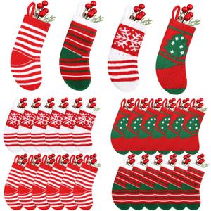 Shinymoon 24 Pcs Mini Knit Christmas Stockings 5 Inch Small Stocking Hanging Knitted Miniature Stockings Stripe Snowflake Tree Xmas Tiny Stocking Party Decor, 4 Assorted Styles