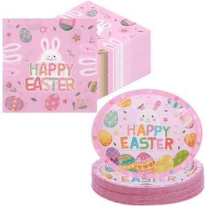 2 x 100Pcs Easter Party Oval Paper Plates Napkins Set, Oval Disposable Party Dinner Dessert Plates and Napkins for Easter Spring Holiday Party Supplies