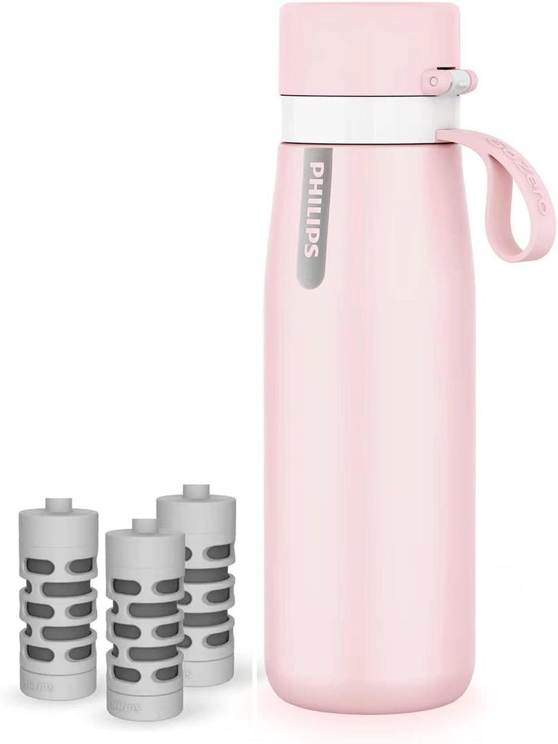 PHILIPS Water Bottle with Filter, Filter Water Bottle Stainless Steel with GoZero Everyday BPA-Free Tap Water Filter, Water Filter Bottle Keep Drink Cold 24 Hours, 3 Filters for 120 gal / 6 Months