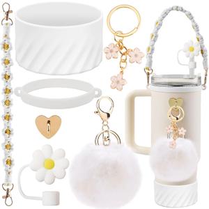 7PCS Accessories Set for Stanley Cup 40 oz 30oz, Including Protective Silicone Boot, Water Bottle Handle Strap, Keychain Charm, Heart Hook, Straw Cover Cap for Stanley Cup Accessories (White)