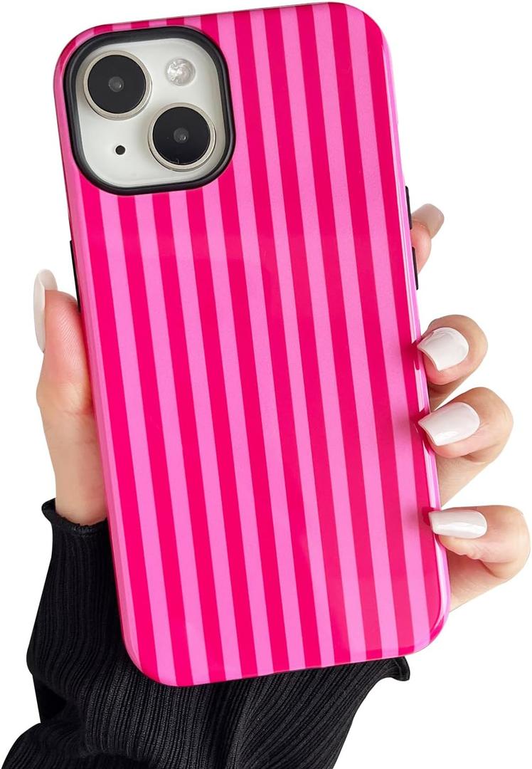 Compatible with iPhone 13/14 Case, Cute Fashion Aesthetic Striped Pattern Cover for Women, Shockproof Soft TPU and Hard PC Protective Phone Case for iPhone 13/14 6.1"- Hot Pink