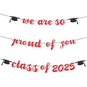3pcs 2025 Graduation Banner, Glitter Graduation Decorations We Are So Proud of You Class of 2025 Congrats Grad Sign Garland Backdrop for High School College Party Supplies (Red)