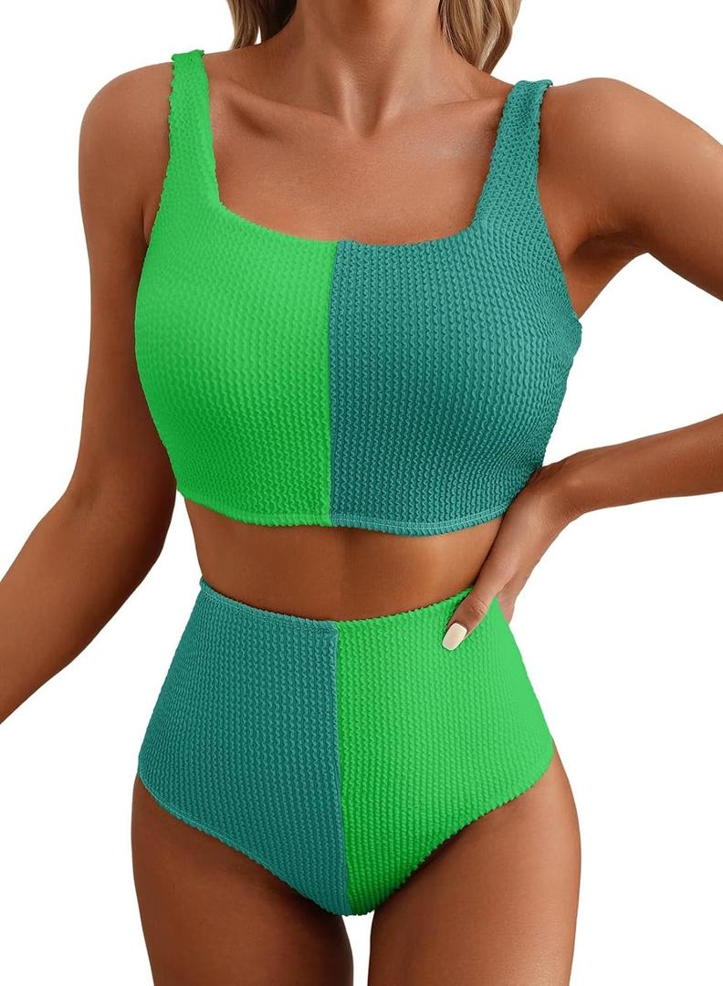 Herseas Women's Bikini Sets Scrunch Square Neck Two Piece Swimsuits High Waisted Bathing Suits (Green, XXL)
