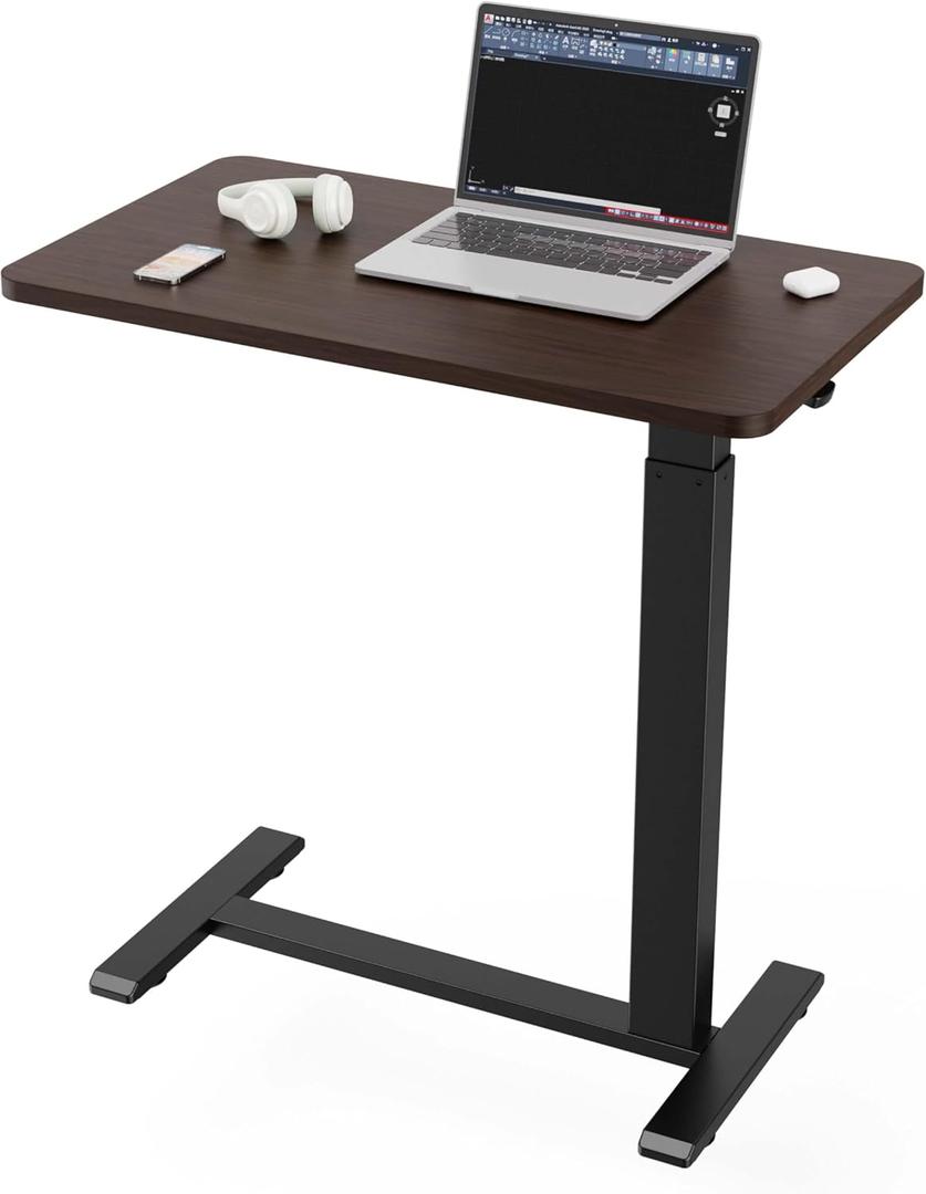 Ywin Medical Adjustable Overbed Bedside Table with Wheels, Swivel Rolling Standing Desk, Pneumatic Small Side Bed Table with Tray for Couch, Hospital, Home,Office Use,(28" W X 16" D, Black Walnut)