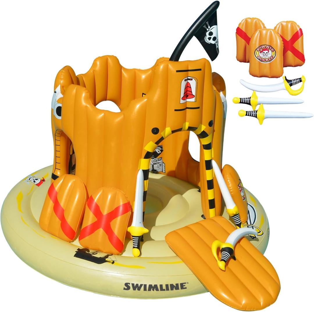 SWIMLINE Giant Inflatable Pirate Castle Pool Float For Kids And Adults Size| Floating Kingdom Raft Lounger Combo With Gate Shield Windows & Accessories For Pools Lakes Beach | Fits Up To 4 People