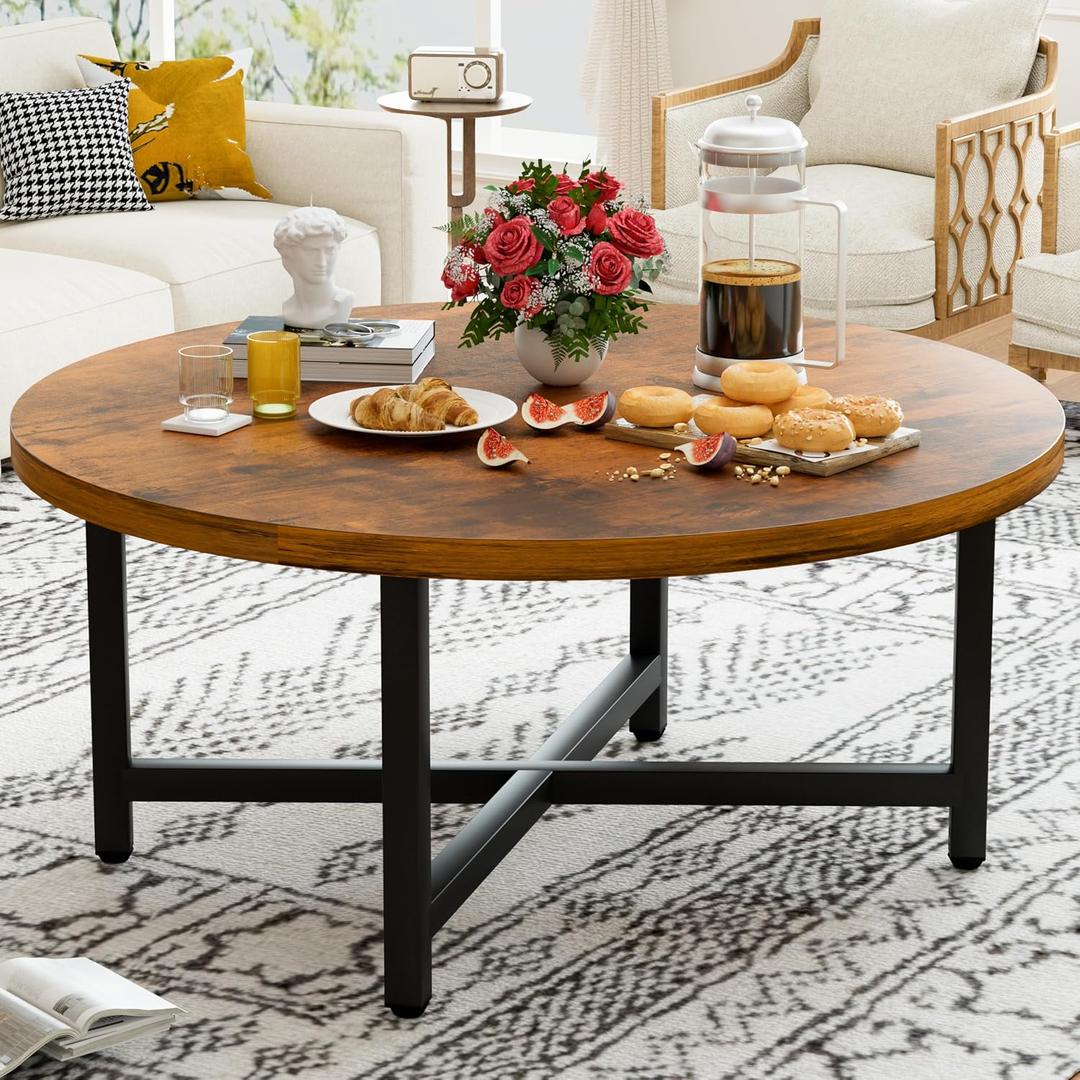 Coffee Table, 31.5" Large Coffee Tables, Brown Round Coffee Tables for Living Room, Floor Table for Sitting on The Floor, Center Coffee Table with Metal Frame for Office Apartment Home, Round, 31.5-inch diameter, 17.7-inch height