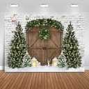Mocsicka Christmas Wood House Photography Backdrop Xmas Tree Snow Wreath Photo Background Rustic Barn Door Family Kids Holiday Portrait Photo Booth Props (8x6ft)