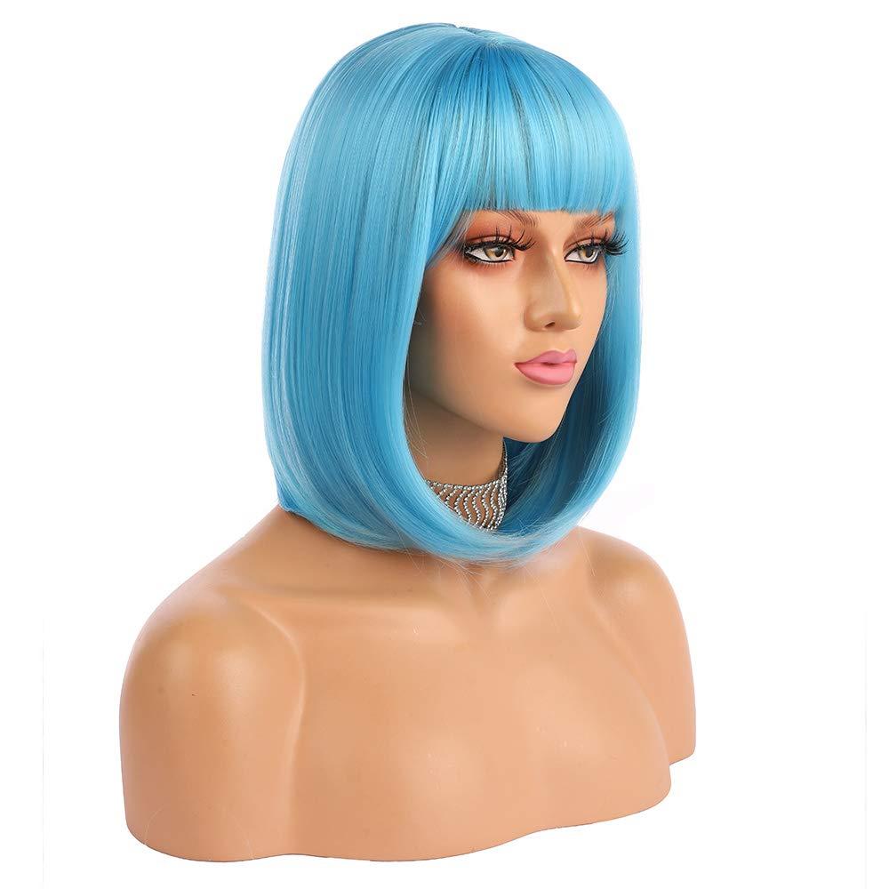 ENilecor Short Bob Hair Wigs 12" Straight with Flat Bangs Synthetic Colorful Cosplay Daily Party Wig for Women Natural As Real Hair+ Free Wig Cap (Blue)