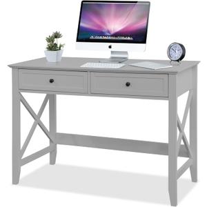 Computer Desk with 2 Drawers, Elegant Home Office Writing Study Desk with Storage, Modern Simple Vanity Desk Console Table for Living Room, Grey