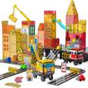 SKTMYY Magnetic Tiles Construction Toys with Road & Crane & Marble Run, Double-Sided Fire Station & Building Magnet Tiles for Kids Ages 4-8, STEM Magnetic Blocks Gifts for 3 4 5 6 7 8 Year Old Boys