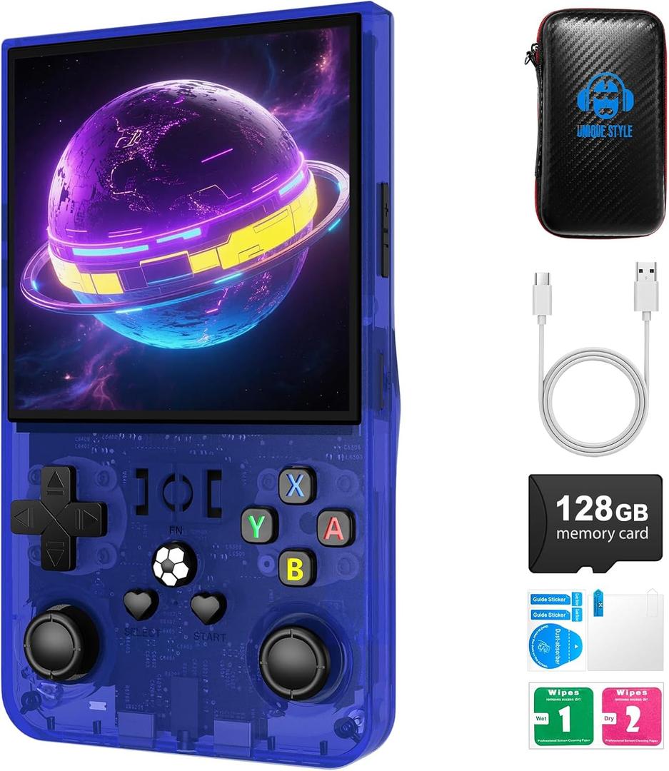 R36MAX Retro Handheld Game Console,128GB Open Source System Support 30+ Emulator Console,4.0 Inch IPS Screen Retro Gaming Console,4000mAh Battery,Portable Video Game Console for Christmas (Blue)