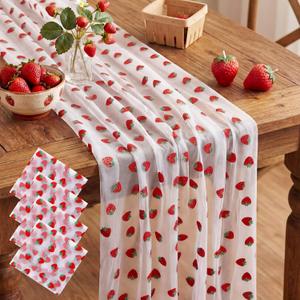 4 Pcs Strawberry Table Runners 29x70 Inch Strawberry Glitter Tulle Lace Table Runners for Summer Birthday Party Baby Shower Wedding Bridal Shower Home Kitchen Decor
