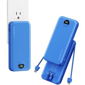 10000mAh Ultra-Portable-Charger-Power-Bank with Built in Cables&AC Wall Plug, PD20W USB-C Fast Charging Cell Phone Charger Battery Pack,LED Display Travel Battery Bank for All iPhone,Samsung,Android