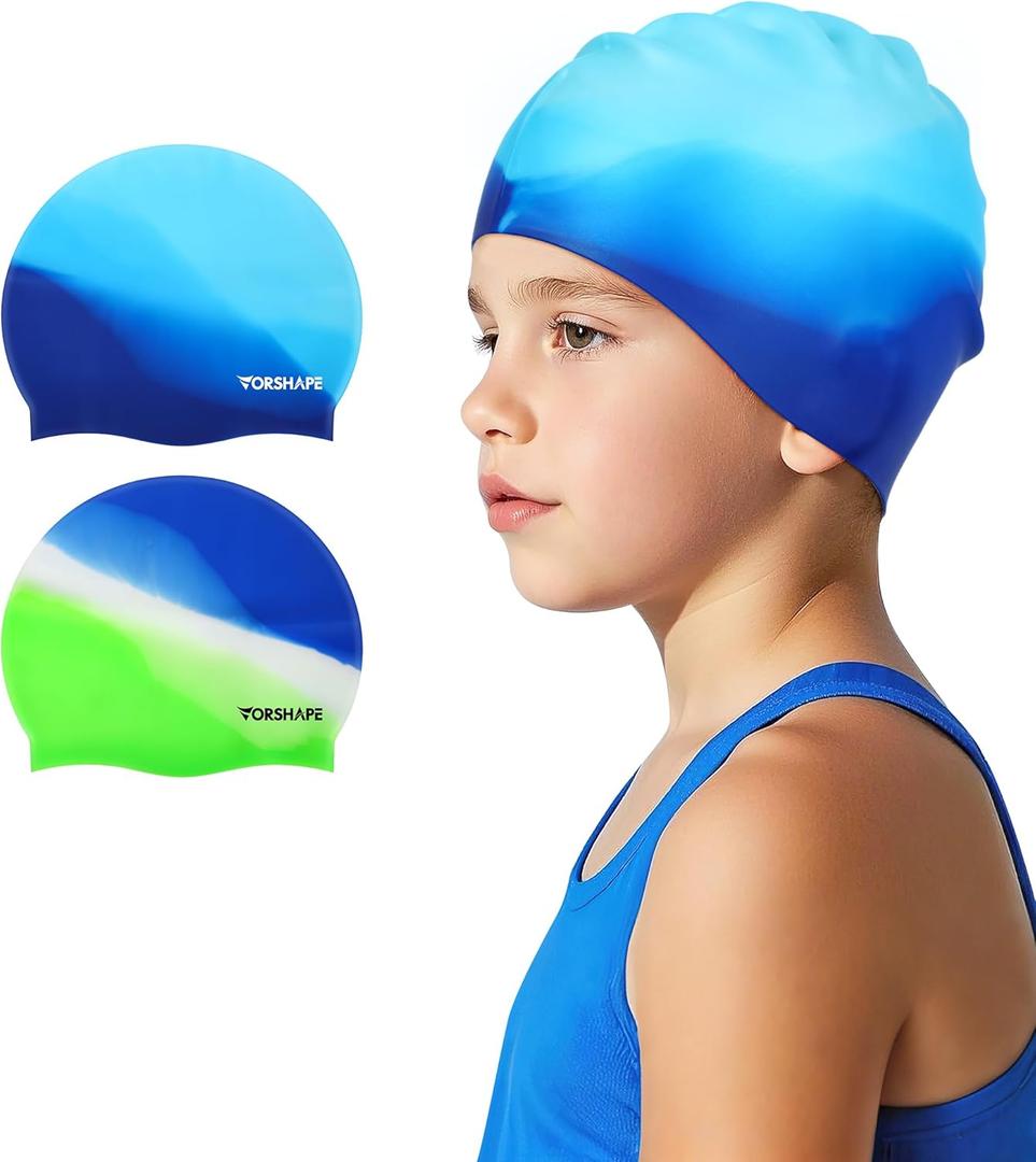 Swim Cap Kids (2 Pack), Durable Waterproof Swimming Cap for Girls Boys Teens Toddler Aged 3-15, Comfortable Fit Kids Swim Cap for Long Hair and Short Hair, Silicone Swim Caps for Kids Toddler (Green & Blue-green)