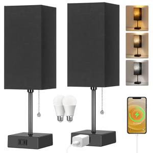 Table Lamp for Bedroom Set of 2,3-Color Bedside Lamps with Pull Chain Table Lamps for Nightstand with AC Outlets, Night Light Lamps with 2 Bulbs Lamps for Living Room Kids Office Decor（Black）