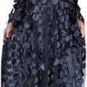 HD Afircan Women Applique Flower Dress Boat Neck Caftan Chiffon Gown One Size (Black)