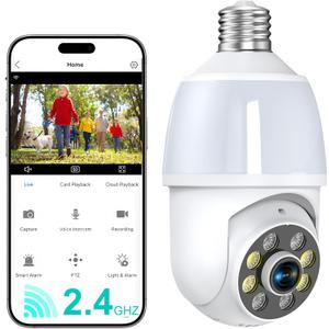 52HZ 2K Light Bulb Security Camera, 2.4GHZ WiFi Lightbulb Security Cameras Wireless Outdoor Indoor, Two-Way Talk, Human Detection, Color Night Vision, Light Socket Security Camera Work with Alexa