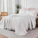 WINLIFE Bright White Ruffled Quilt Set 3pcs Queen 90''x98'' - Stone Washed Microfiber Crinkled Bedspread for All Season Farmhouse Style Lightweight Shabby Chic Coverlet Set with Pillow Shams