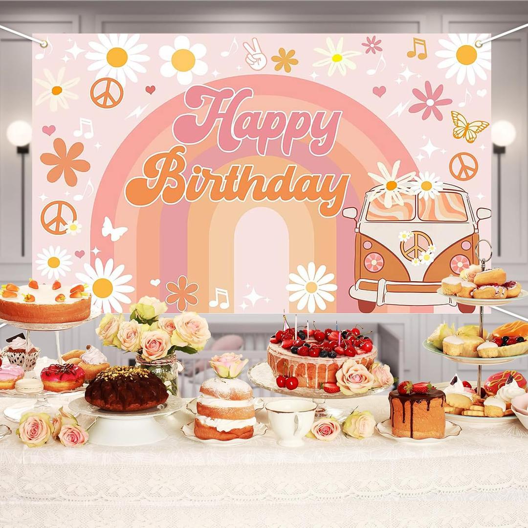 Groovy Birthday Banner for Retro Hippie Birthday Party Decorations Girls Daisy Flower Boho Rainbow Theme Photoshoot Backdrops 70.8 x 43.3 Inch