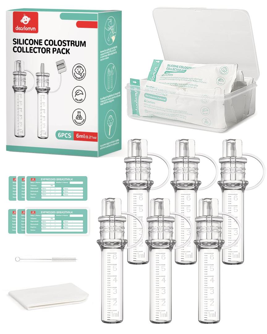 dearlomum Colostrum Collector Kit Breast Milk Collector 6ml/6pcs,Reusable, Heat & Freezer Resistant, BPA-Free, with Cotton Cloth Wipe, Storage Case, Cleaning Brush